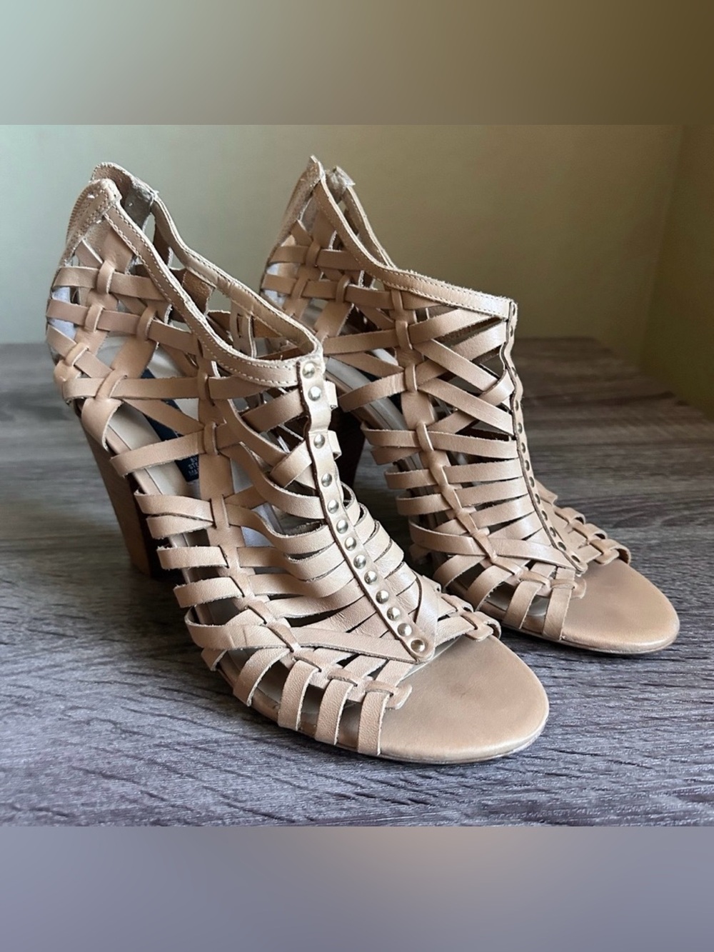 Steven by Steve Madden Milana Tan Leather Cage Heels with Gold Studs, Size 9